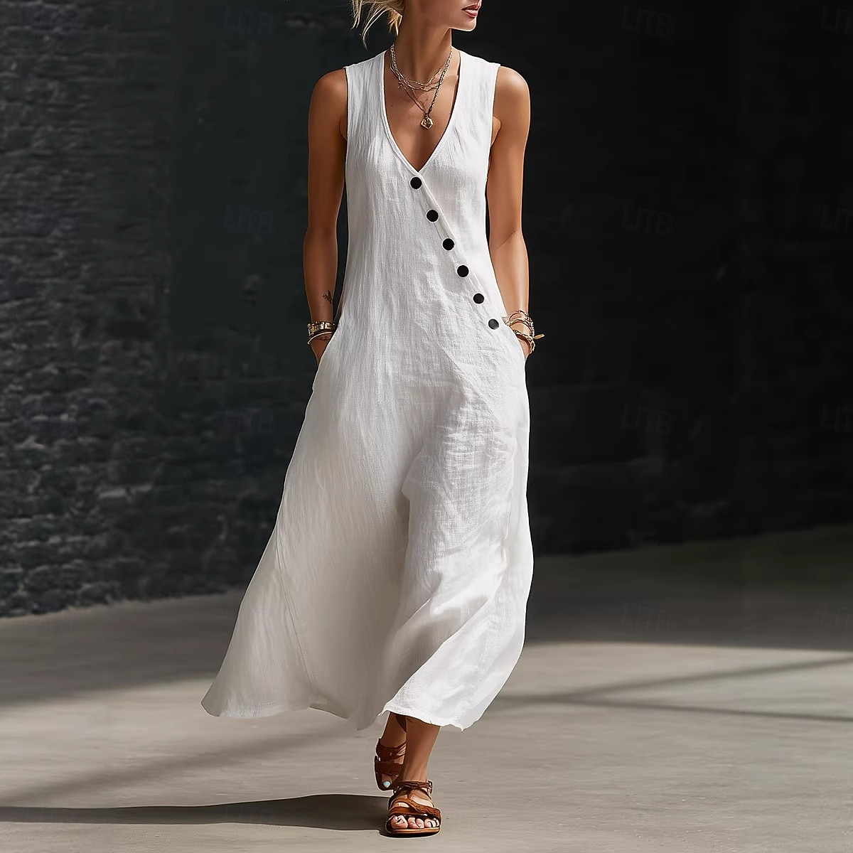 Robe longue en coton et lin pour femme, robe d'été, robe trapèze, robe cintrée et évasée, robe de vacances décontractée, style bohème, robe de plage décontractée, robe de soirée ample, robe unie sans de 2026 ? $24.99 –P7