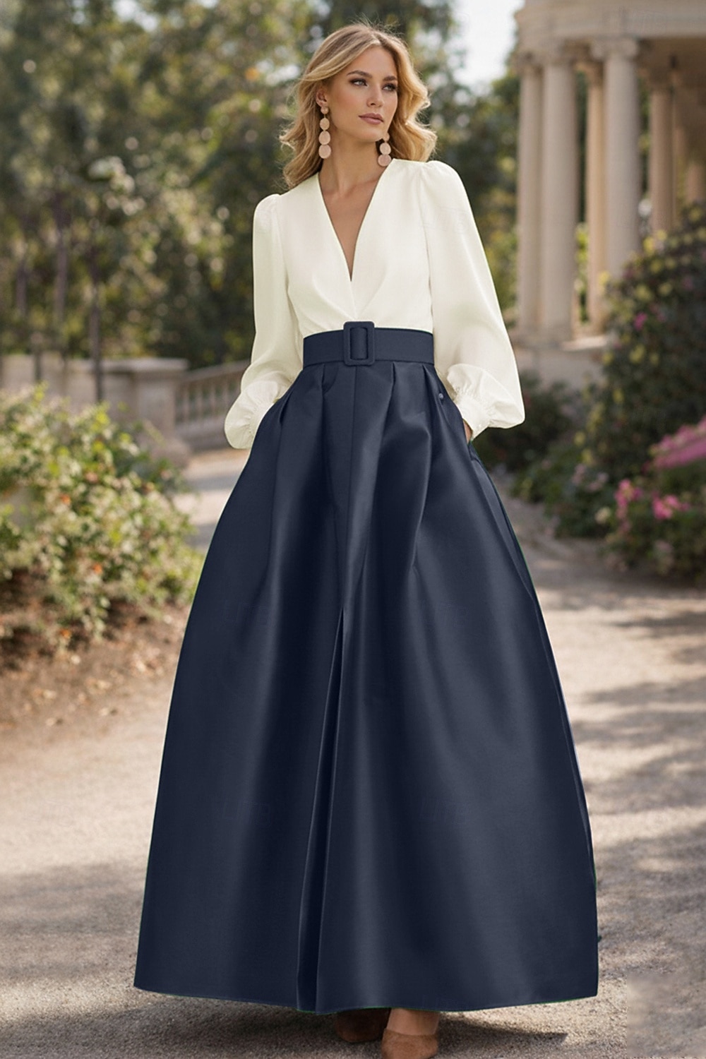 A-Line Floor Length Evening Gown High Split Mother Of The Bride Long Sleeve V Neck Formal Wedding Guest Belt / Sash Satin with Pleats Slit 2026 - $172.99 –P10