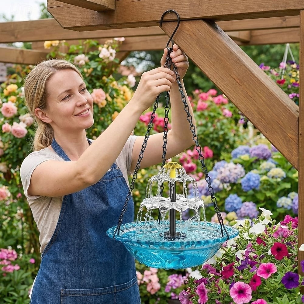 Fuente colgante para baño de pájaros con cascada solar, fuente flotante para jardín al aire libre, comedero colgante para pájaros, cuenco para baño de pájaros con cascada de energía solar para 2026 - $53.99 –P2