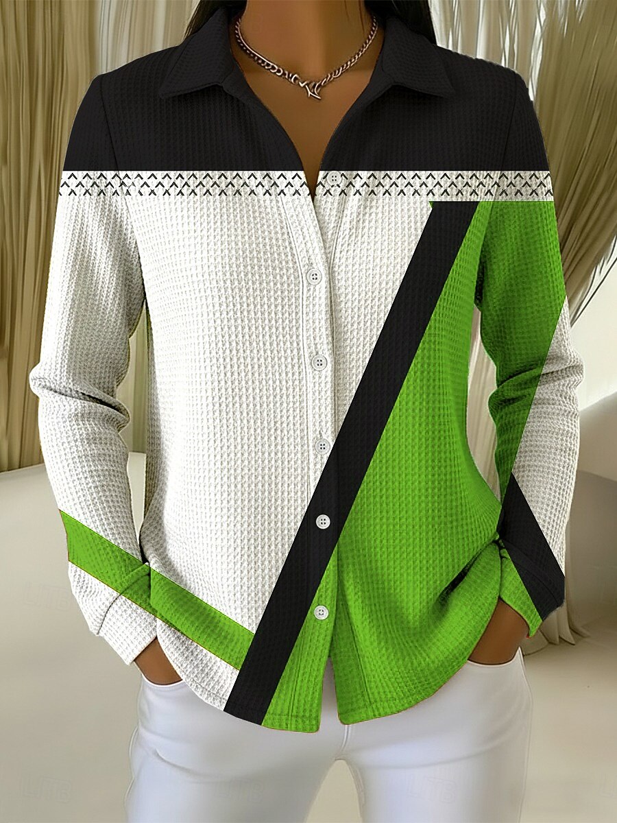 Women's Waffle Shirt Blouse Buttons Print Geometric Vacation Daily Stylish Long Sleeve Shirt Collar Regular Tops Daily Outdoor Holiday Blue White Purple Orange Green Summer Spring Fall 2026 - $24.99 –P4