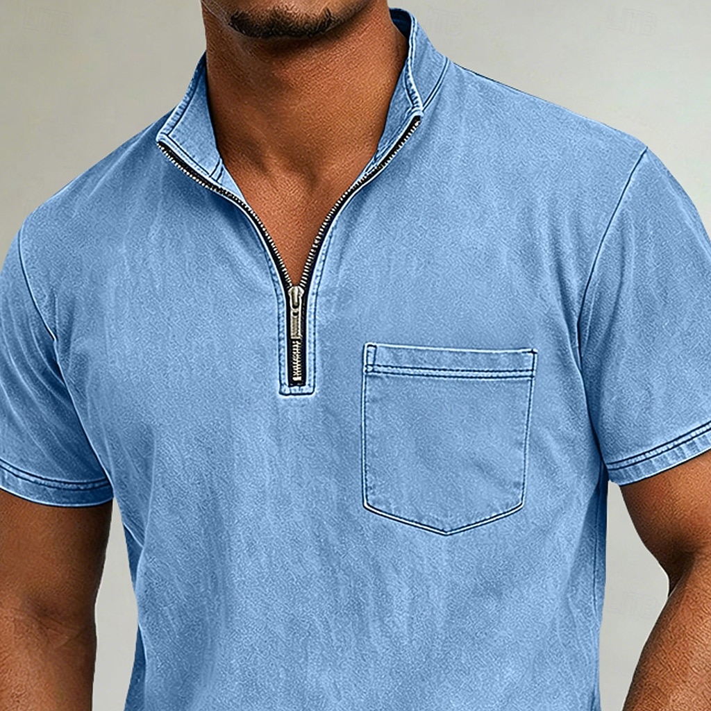 Муж. Футболка Рубашка из 100% хлопка с кислотной стиркой С короткими рукавами Четверть молния Лето Весна Осень Полотняное плетение Ретро На каждый день Старинный Окрашенная одежда Промытый 2026 - $31.99 –P2