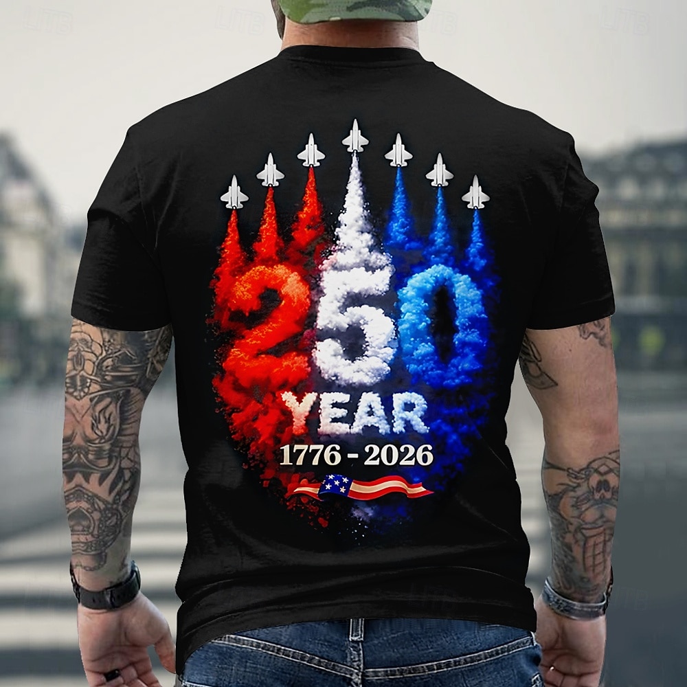 2026年 2026年7月4日 250周年記念日 男性用 3Dプリント 米国旗 クルーネック 半袖 Tシャツ デイリーストリート  コレクション – $21.99 –P1
