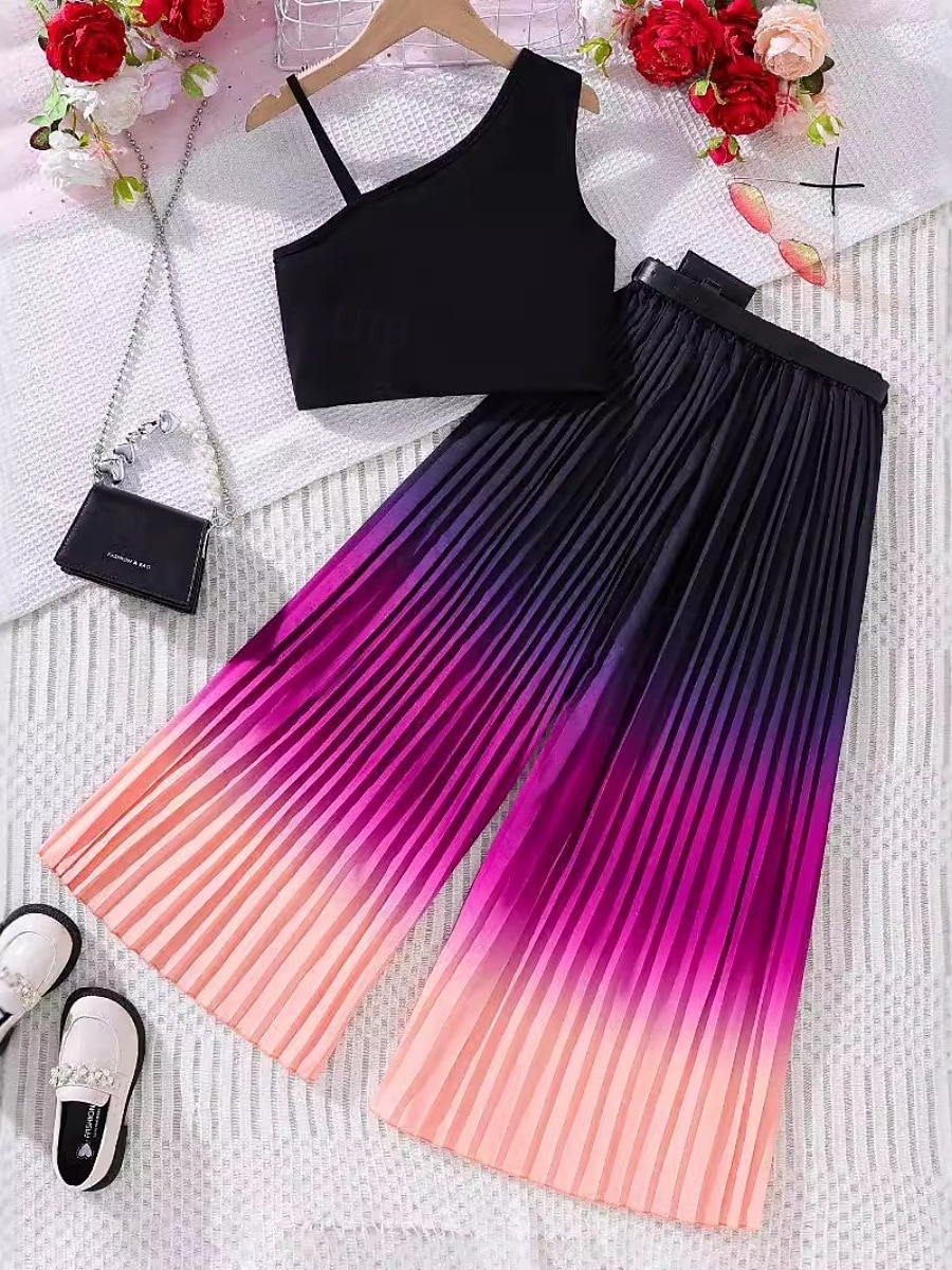 2 Piezas Niños Chica Degradado Frunce Tanque y pantalones Conjunto Sin Mangas Deportes Casual 7-13 años Verano Negro 2026 - $36.99 –P1