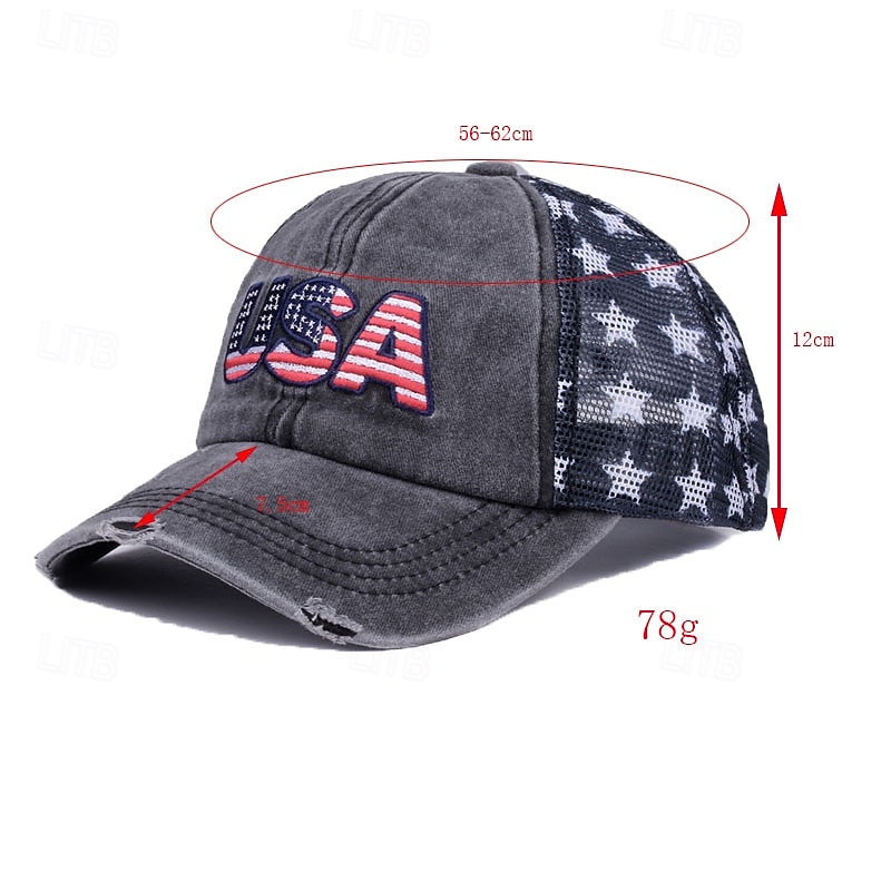 Cappellino da baseball patriottico in cotone lavato con stella della bandiera americana ricamata, cappellino da camionista vintage effetto invecchiato con rete per uomo e donna, 4 luglio, giorno del 2026 a $16.99 –P12