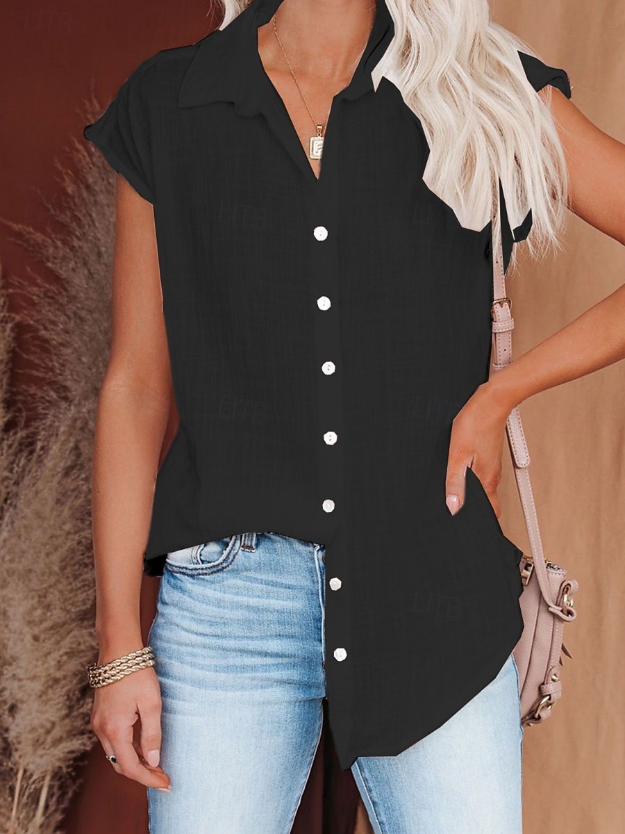 Women's Blouse Cotton Shirt Buttons Solid Color Vintage Daily Stylish Short Sleeve Shirt Collar Regular Tops Daily Blue Black White Pink Wine Summer Spring 2026 - $19.99 –P4