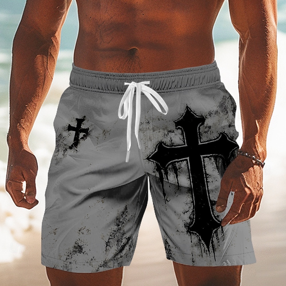 2026年 男性用 十字架 宗教 スイムトランク スイムショーツ ボードショーツ ミディアムウエスト レトリ／ヴィンテージ アウトドア バケーション 日常着 サイドポケット メッシュライニング 伸縮性のあるドローストリングウエスト デザイナー 衣類  コレクション – $20.99 –P4