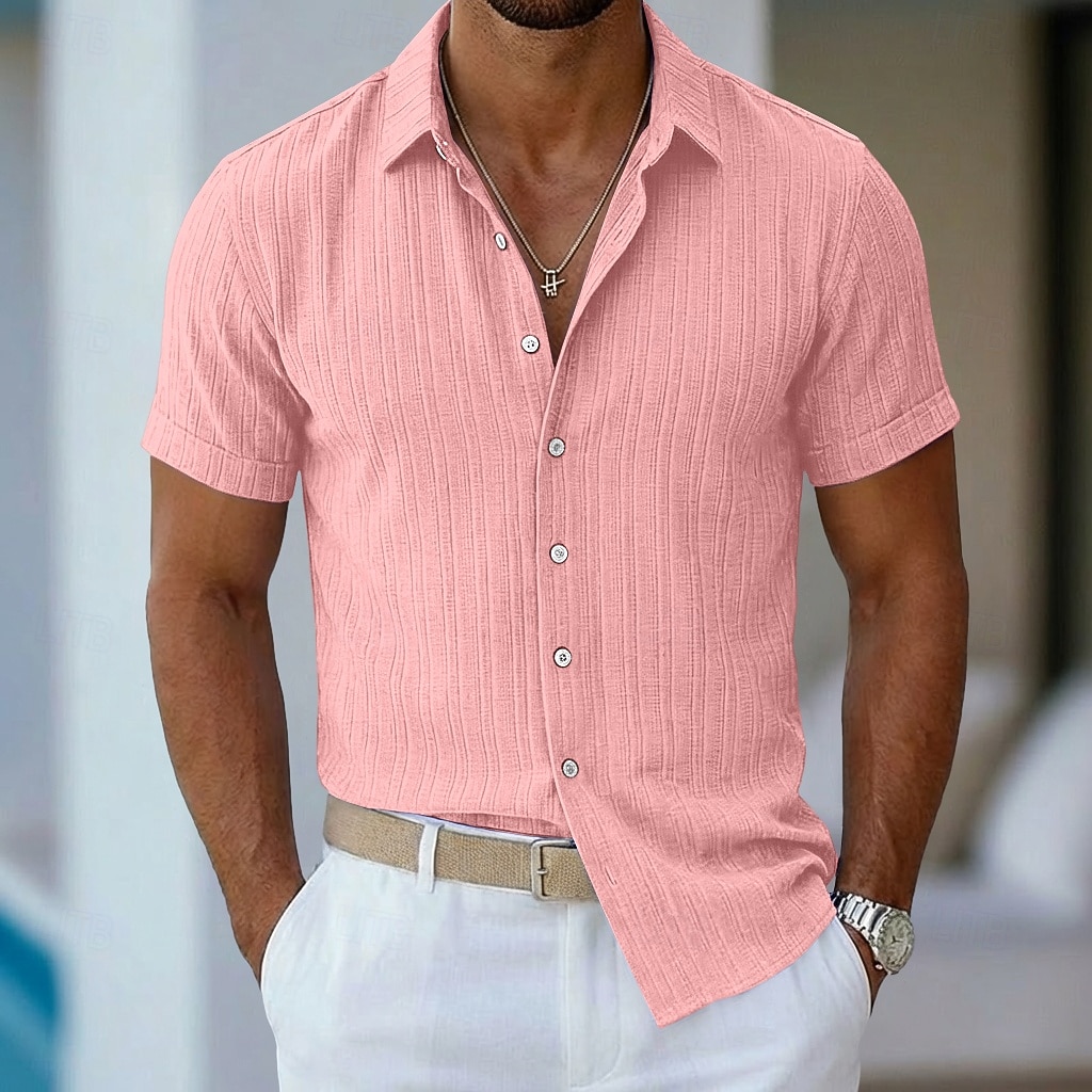 Men's Shirt Summer Shirt Casual Shirt Beach Shirt Button Up Shirt Navy Blue Short Sleeve Plain Lines / Waves Lapel Casual Streetwear Clothing Apparel Fashion Casual Comfortable Smart Casual 2026 - $25.99 –P7