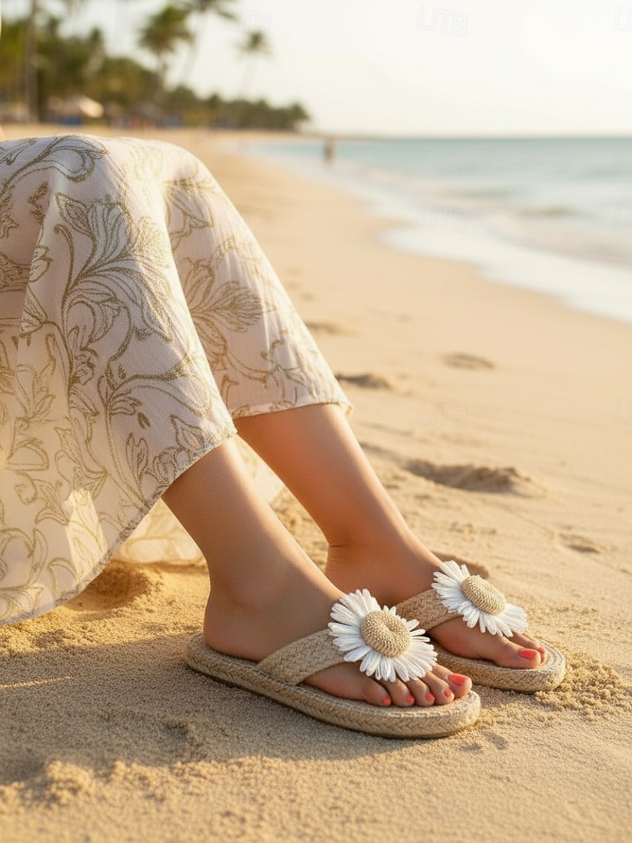 Sandali da spiaggia da donna color arancione acceso con girasoli - romantici sandali bohémien in paglia intrecciata con dettagli floreali per le vacanze estive e le fughe su isole tropicali &feste in del 2026 a $18.99 –P2