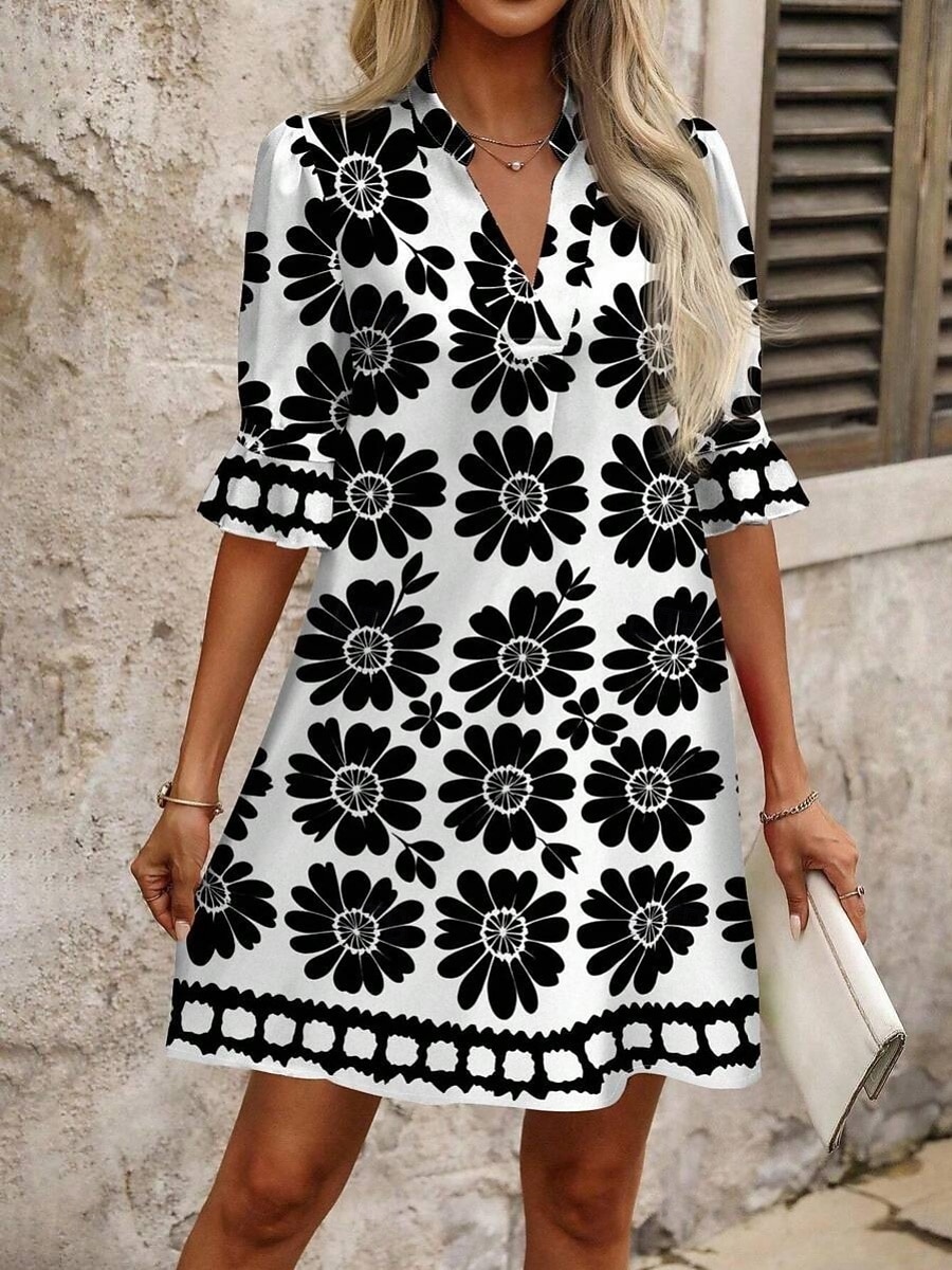 Women's Mini Dress Shift Dress Casual Dress Print Dress Fashion Modern Daily Vacation Going out Regular Fit Floral Long Sleeve V Neck Blue Black Red Fuchsia Spring Fall 2026 - $33.99 –P10