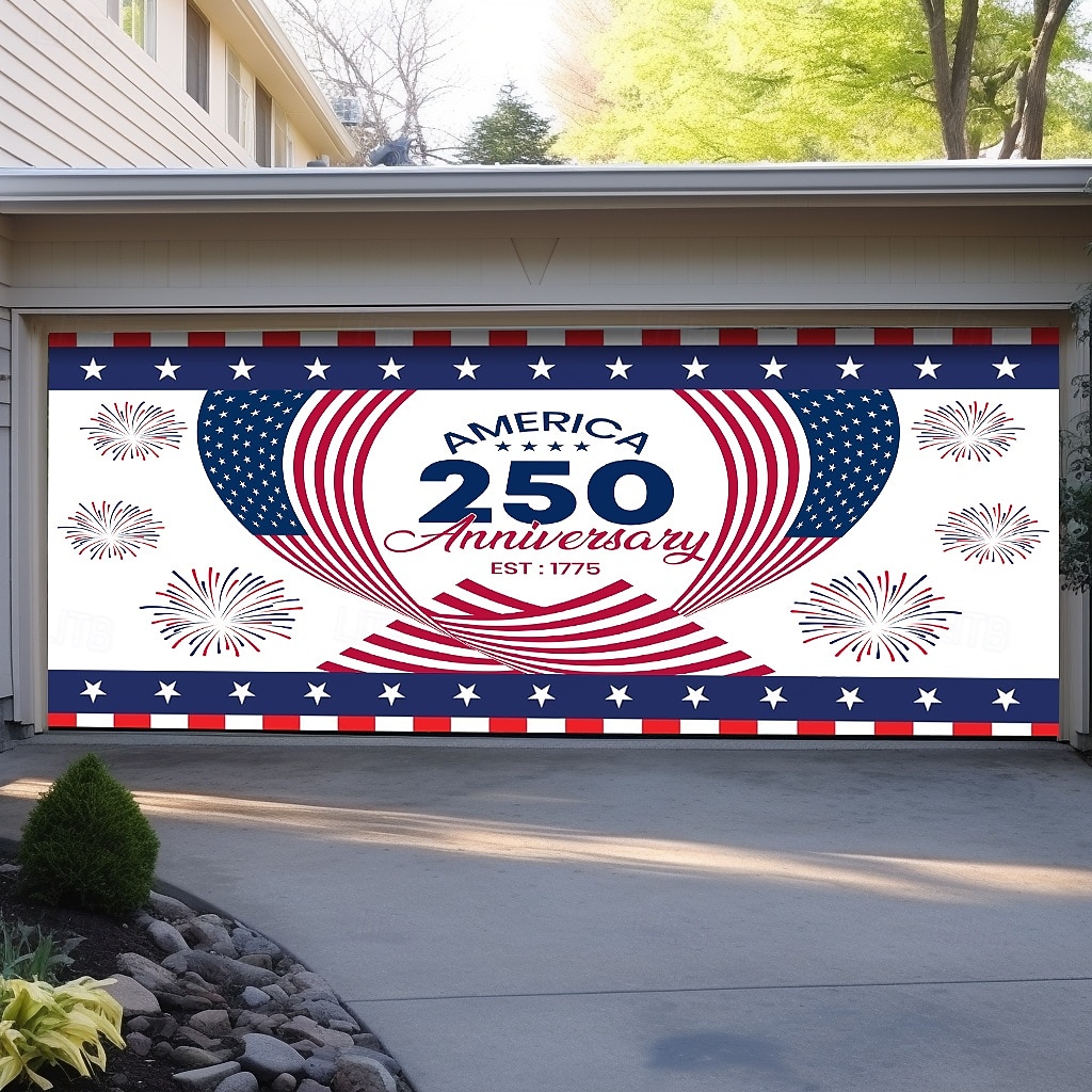 4th of July 2026 250th Memorial Day Anniversary 1775 Wavy American Flag Stars Stripes Fireworks Garage Door Banner Patriotic Outdoor Decoration Independence Day 4th of July Celebration Mural Backdrop 2026 - $49.99 –P4