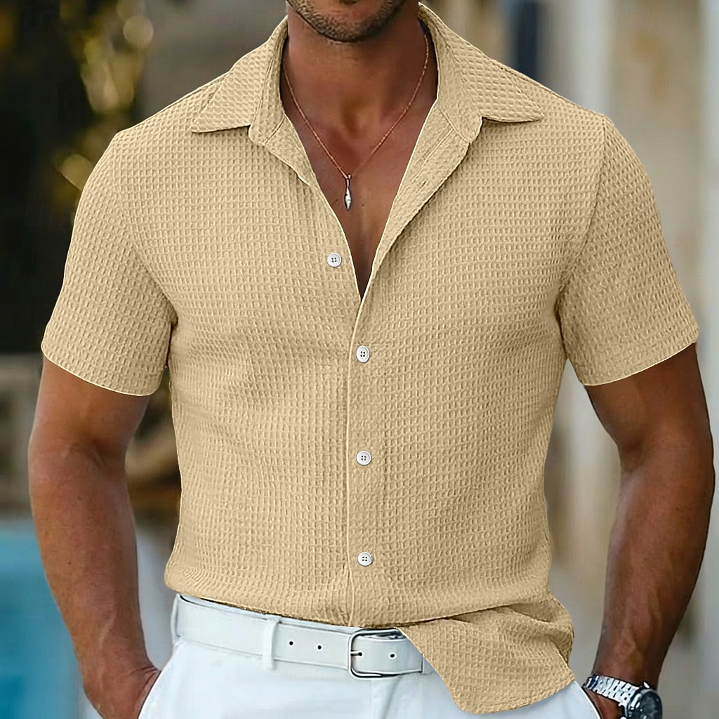 Men's Shirt Waffle Shirt Texture Casual Shirt Button Up Shirt Blue Black White Pink khaki Short Sleeve Plain Lapel Casual Daily Clothing Apparel Fashion Modern Casual Comfortable 2026 - $21.99 –P8
