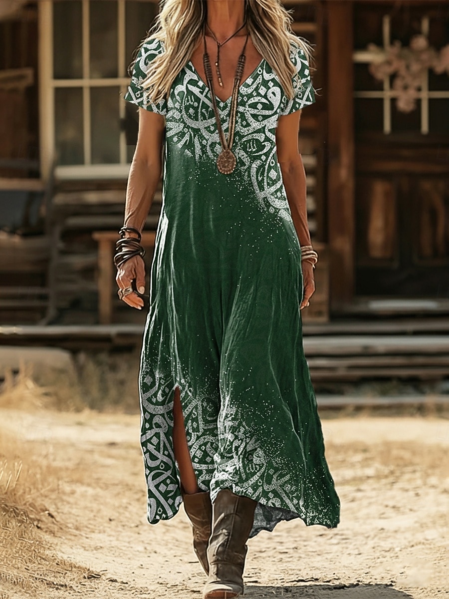 2026年 女性用 マキシドレス 自由奔放に生きるドレス カジュアルドレス A ラインドレス プリントドレス ヴィンテージ アウトドア バケーション 週末 ルーズフィット グラフィック 半袖 Ｖネック ブラック イエロー ライトグリーン ピンク 夏 春  コレクション – $12.49 –P1