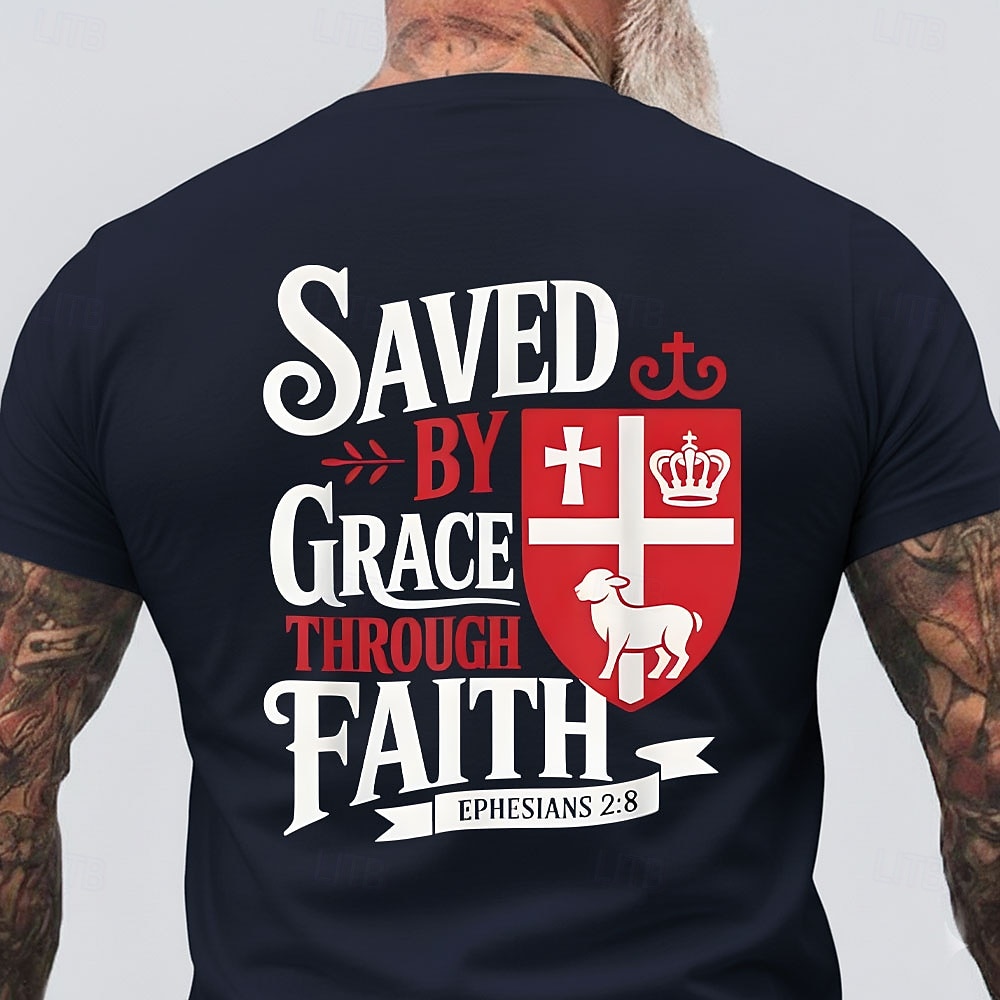 T-shirt religieux chrétien à manches courtes, coupe standard, idéal pour un homme, avec le message « Sauvés par la grâce au moyen de la foi » (Éphésiens 2:8). Motif : bouclier rouge, croix, couronne, de 2026 ? $21.99 –P1