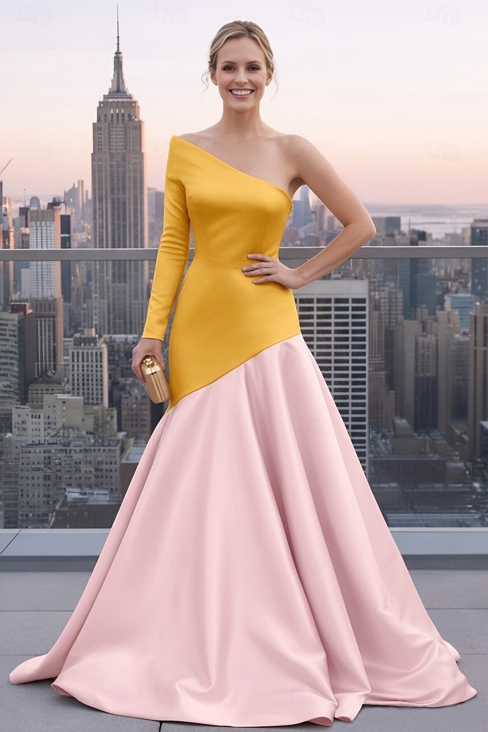 A-Linie Dlouhá vlečka Šaty pro svatební hosty Formální šaty Večerní šaty Šaty Elegantní Dlouhý rukáv Jedno rameno Maturitní ples Formální Satén s Barevné bloky 2026 - $153.99 –P1