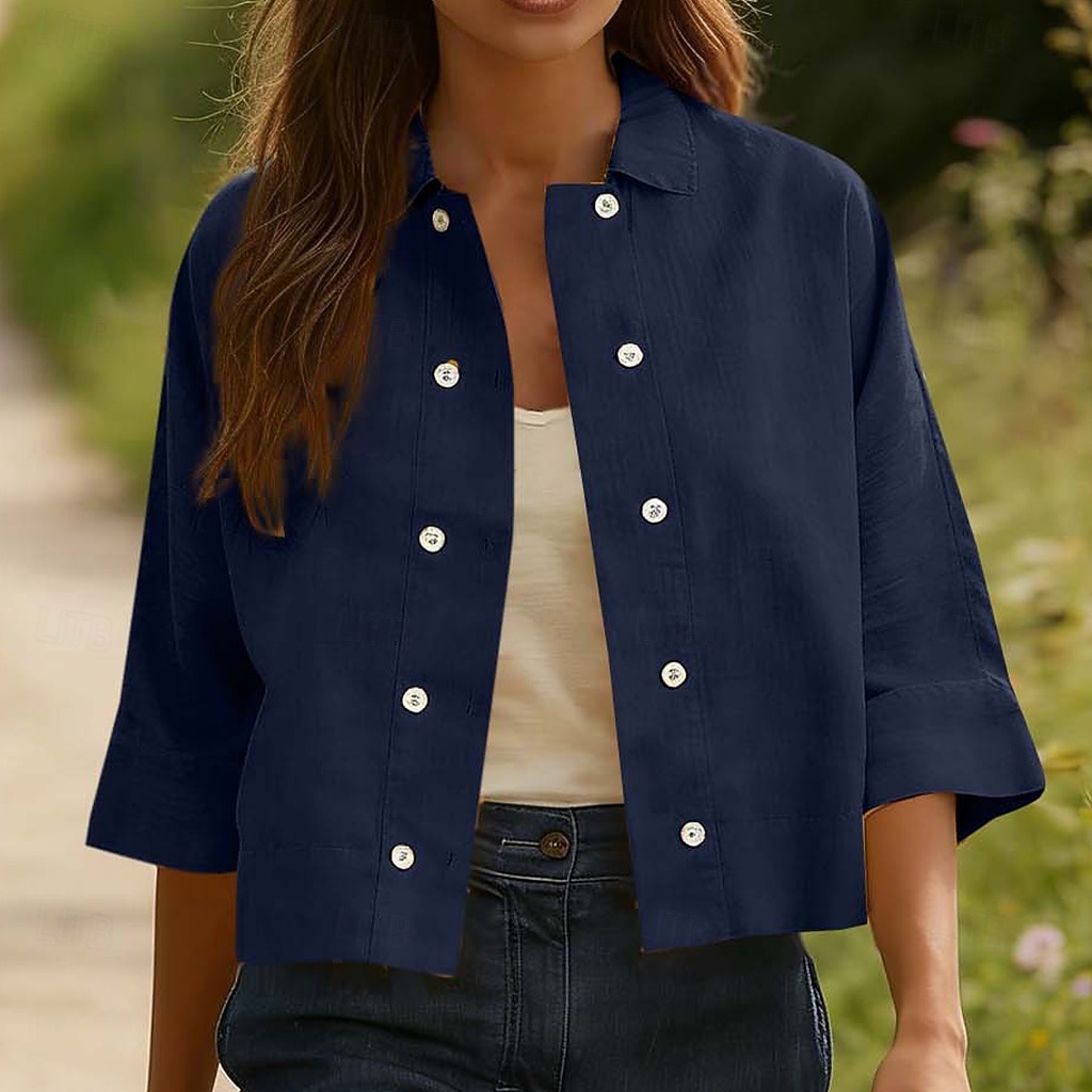 Mulheres Camisa Social Camisas com toque de linho Camisa casual camisa de botão Botões Côr Sólida Férias Vintage Moda Meia Manga Aberto para a Lateral Tops regulares Diário Feriado Roupa de Praia de 2026 por $22.99 –P6