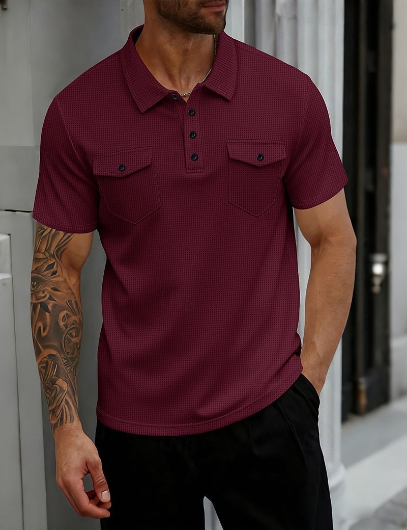 Męskie Koszulki polo waflowe Gra polo Codzienny Urlop Klapa Krótki rękaw Moda Nowoczesny Równina Guziki Przednia kieszeń Lato Wiosna Regularny Głęboka zieleń Czarny Biały Wino Khaki Szary Koszulki 2026 - $22.99 –P9