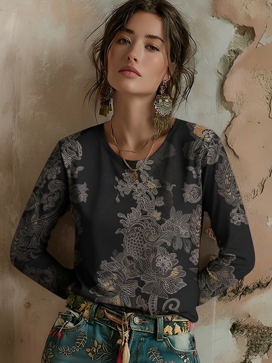 Dames T-shirt Afdrukken Grafisch Planten Bohemen Vintage Casual Lange mouw Strakke ronde hals Normale tops Dagelijks Weekend Vakantiekleding blauw Zwart Blozend Roze Paars Oranje Zomer Lente Herfst 2026 - $24.99 –P6