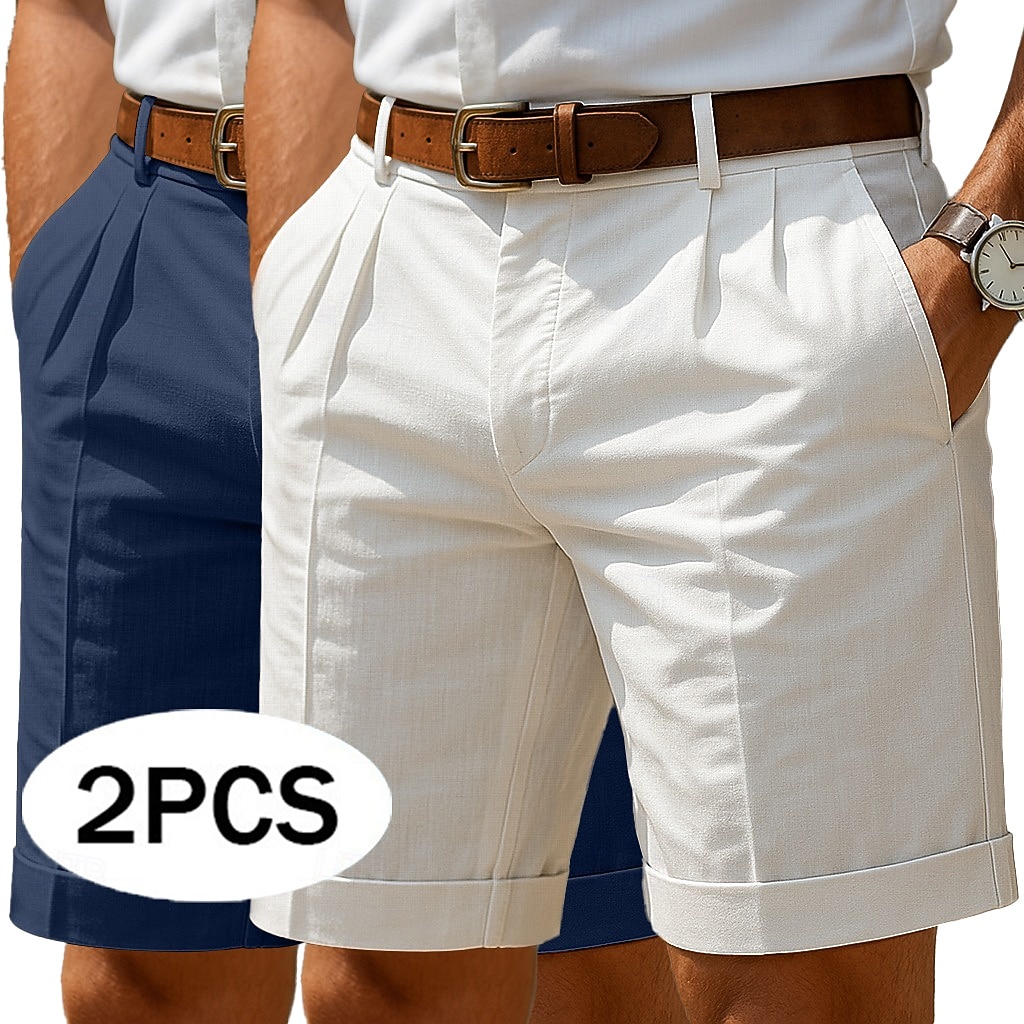 Herr Shorts Linne Shorts Klänning Shorts Sommarshorts Beach Shorts Ficka Elastisk midja Rakt ben Slät Komfort Andningsfunktion Knelängd Ledigt Dagligen Helgdag Mode Affär Vit + Grön Vit + khaki 2026 - $37.99 –P1