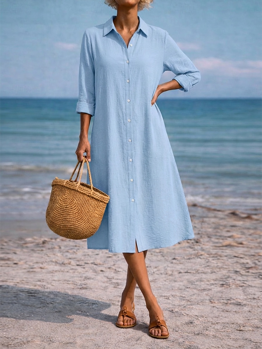 Damskie Sukienka midi Sukienka koszulowa Codzienne sukienki Sukienka A line Sukienka z imitacji lnu Moda Podstawowy Nowoczesny Codzienny Urlop Wyjściowe Regularny Równina Długi rękaw Kołnierzyk 2026 - $26.99 –P11