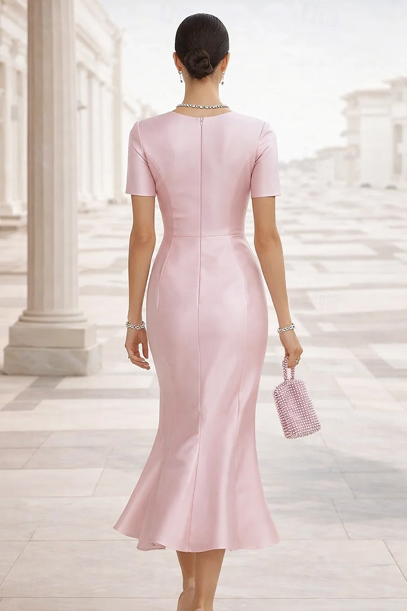 Mermaid / Trumpet Evening Ankle Length Cocktail Dresses Wedding Guest Dresses Elegant Short Sleeve Crew Neck Garden Party Formal Satin with Ruffles 2026 - $159.99 –P2