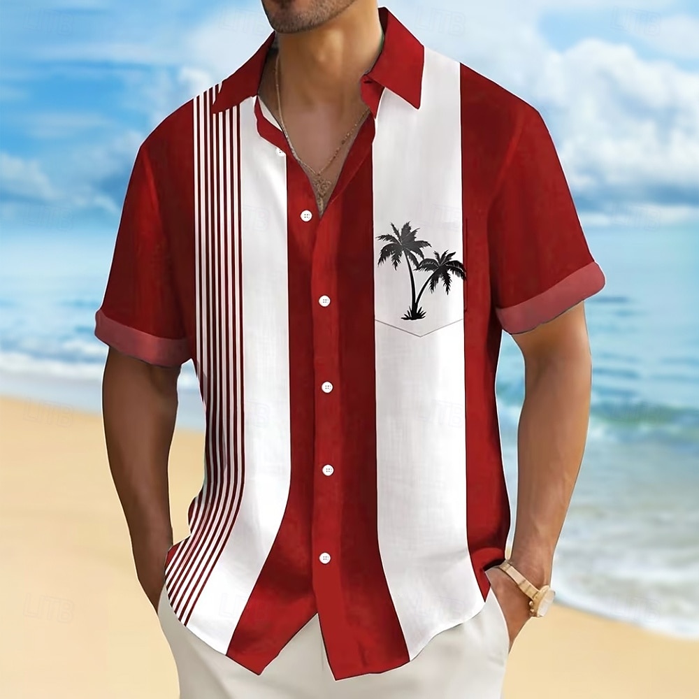 Men's Coconut Tree Striped Tropical Plants Summer Hawaiian Shirt Button Up Shirt Aloha Shirt Short Sleeve Hawaiian Vacation Summer Spring Turndown 3D Print Collared Shirts Front One Pocket Blue Red 2026 - $25.99 –P1