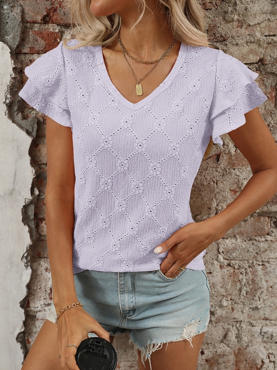 Mulheres Camisa Social Topo de ilhó Blusa Patchwork Tecido à moda Clássico Moderno Manga Curta Decote V Tops regulares Diário Feriado Para Noite Preto Azul Céu Roxo Claro Laranja Verde Verão Primavera de 2026 por $22.99 –P15