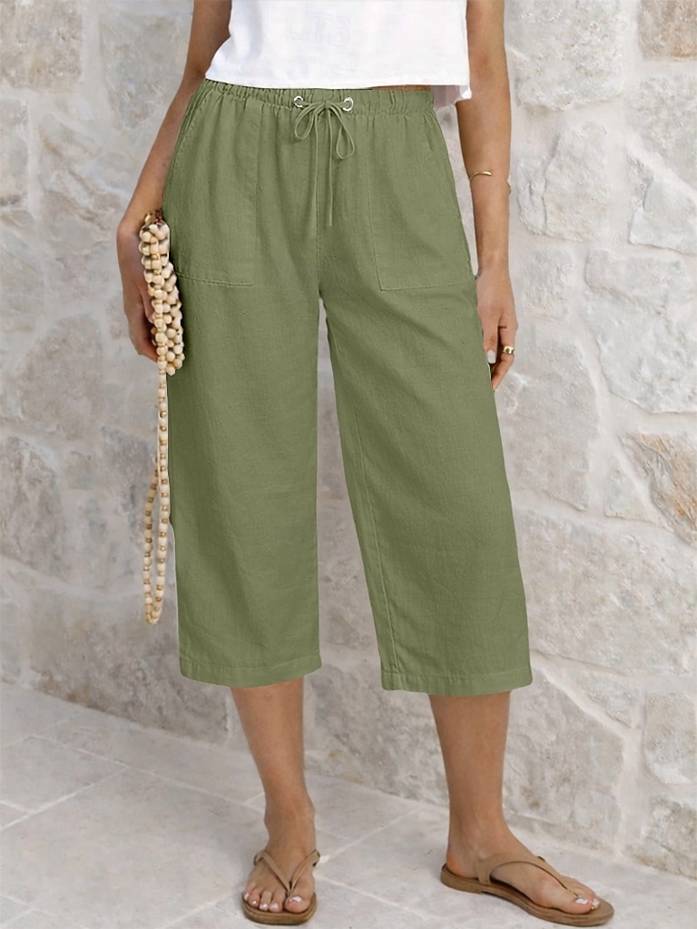 Dam Capribyxor Sommarshorts Beskurna byxor Capri byxor i linne Mode Grundläggande Vadlängd Medium Midja Slät Snörning Ficka Elastisk midja Lättvikt Andningsfunktion Oelastisk Semester Gata Dagliga 2026 - $22.99 –P15