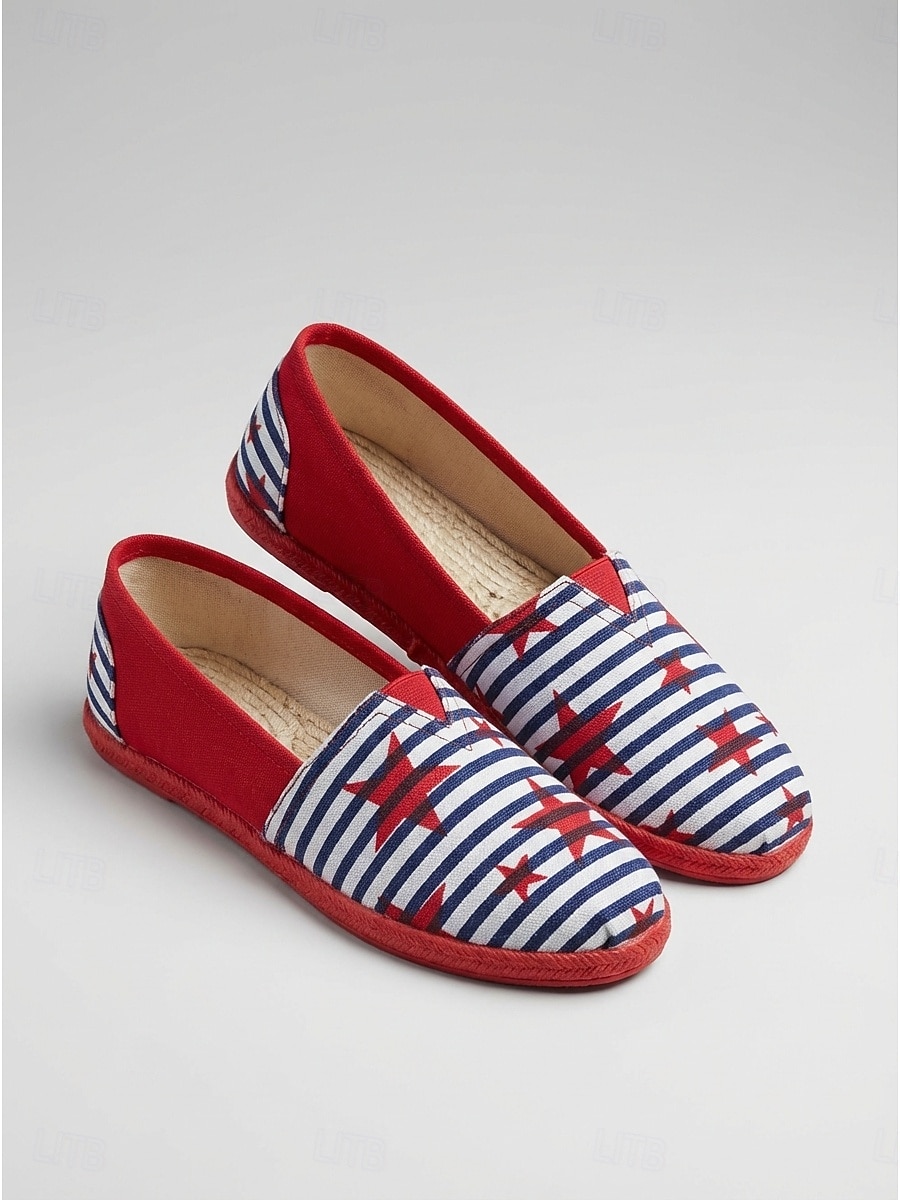 Scarpe basse patriottiche da donna USA 250 - comode scarpe in maglia a righe blu e bianche con dettaglio a stella per il giorno dell'indipendenza americana e le parate. &abbigliamento per le vacanze del 2026 a $19.99 –P5