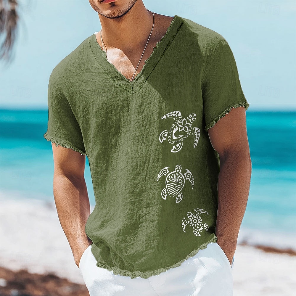 Tricou bărbătesc cu imprimeu triplu tribal de broaște țestoase marine, amestec de in și bumbac, decolteu în V, margini brute, polinezian honu, vară, plajă, vacanță, top moale, zdrențuit, la modă, 2026 - $24.99 –P4