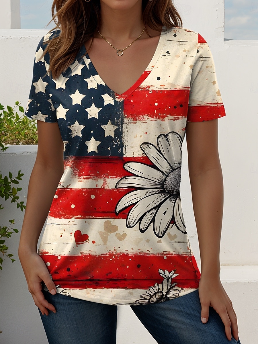 2026年 アメリカ独立記念日 女性用 Tシャツ プリント グラフィック フラッグ ヴィンテージ ファッション カジュアル 半袖 Ｖネック レギュラートップス 日常 ブルー ホワイト ルビーレッド 夏 春  コレクション – $21.99 –P1