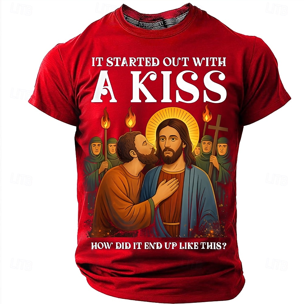 T-shirt graphique religieux drôle Bible pour hommes ça a commencé par un baiser Judas embrassant Jésus parodie religieuse T-shirt comment cela a-t-il fini comme ça drôle mème chrétien cadeau de 2026 ? $21.99 –P10