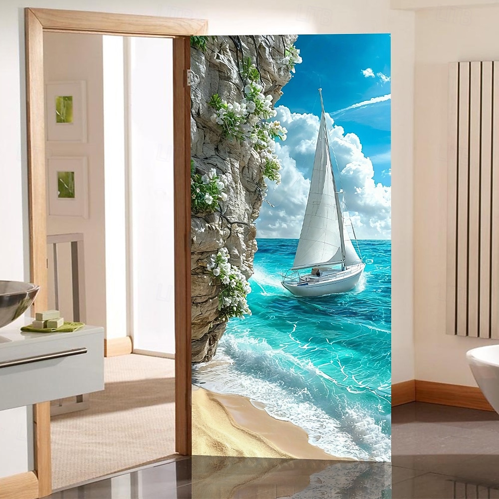 Scenic Coastal Sea View Sailboat Yacht on Turquoise Water with Rocky Cliff and White Flowers Beach Door Banner Cover Wall Tapestry for Home Interior Wall Decoration Front Door Entryway 2026 - $17.99 –P2