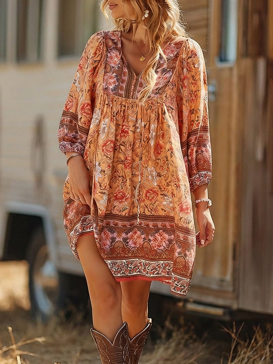 boho beach mini dress Green Boho Floral Mini Dress  Wrap Style V-Neck A-Line Summer Dress