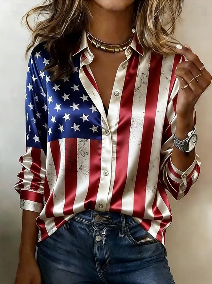 يوم الاستقلال الأمريكي نسائي قميص قميص الساتان زر قميص أسفل قميص غير رسمي طباعة الرسم علم عتيق أنيق كلاسيكي كم طويل قبعة القميص قمصان عادية مناسب للبس اليومي مناسب للعطلات مناسب للخارج 2026 - $28.99 –P2