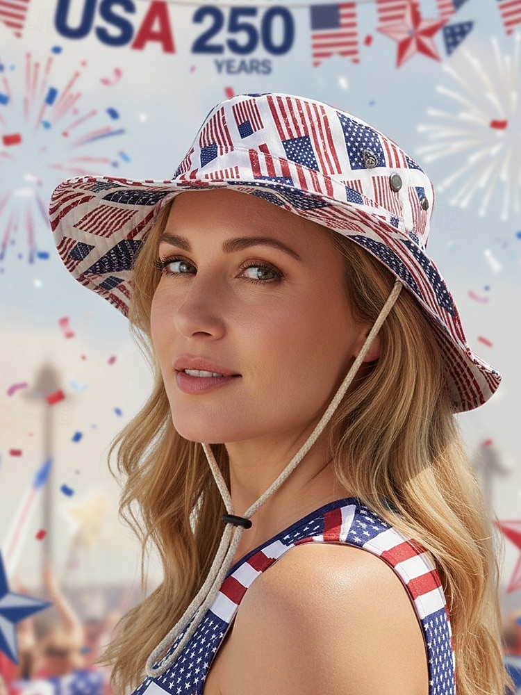 Женская ковбойская шляпа-панама из полиэстера с принтом, 2 в 1, многофункциональная, с патриотическим дизайном в виде флага США, идеально подходит для празднования 250-летия США, Дня независимости и повседневной носки. 2026 - $14.99 –P1