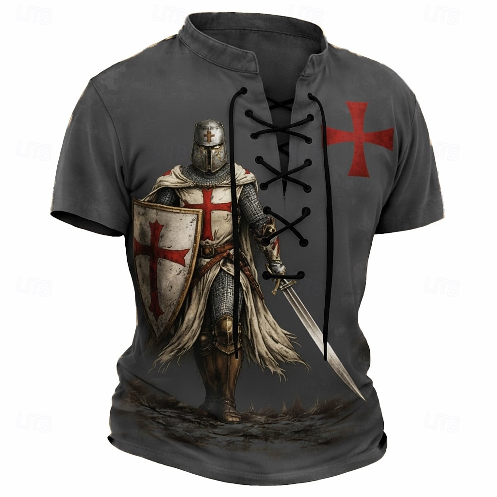 Camiseta Masculina Cruzados Cavaleiros Templários Cruzado Medieval Retro T-Shirt Estampa Completa Decote V Com Cordão Cruz Manga Curta Superior Casual Streetwear Roupas Designer de 2026 por $21.99 –P2