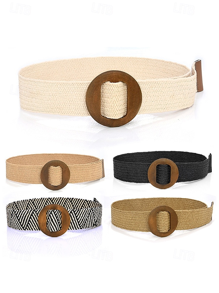 Cinturón tejido bohemio para mujer con hebilla de madera vintage, cinturón de malla de paja para vestir, ideal para vacaciones de verano en la playa y uso diario informal, disponible en varios colores. 2026 - $9.99 –P5