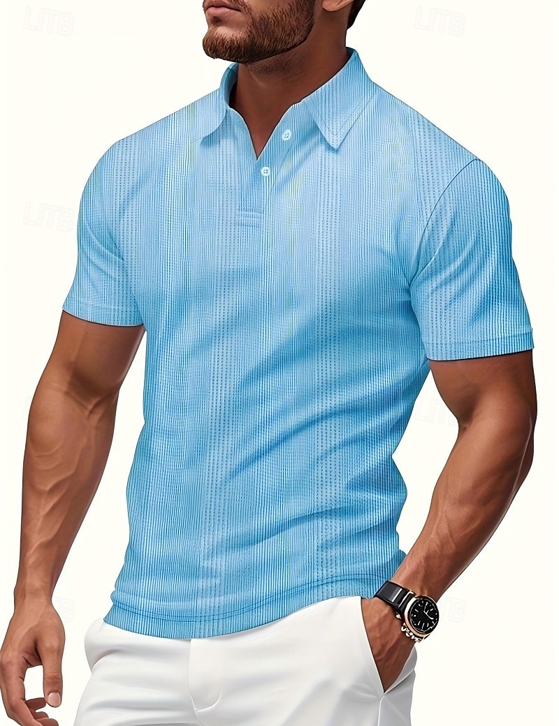 Homme Polo Texturé Occasionnel Rue Revers Manche Courte Basique Moderne Uni Rayures Boutons Tricot Été Printemps Coupe régulière Noir Blanche Rouge Bordeaux Gris Claire Abricot Bleu clair Polo de 2026 ? $17.99 –P2
