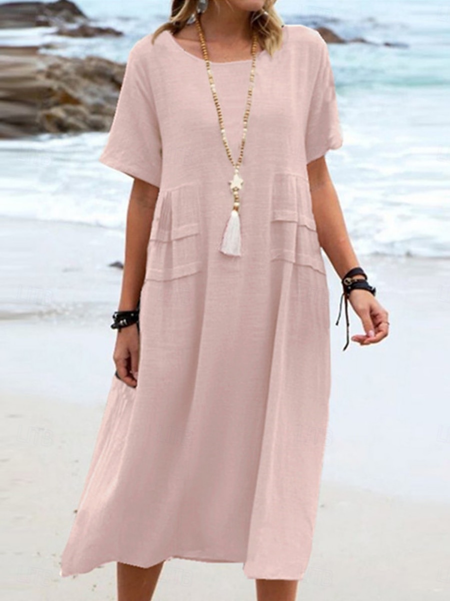 Damen Midikleid A Linie Kleid Sommerkleid Lässig Täglich Lässiger Schnitt Einfach Kurzarm Rundhalsausschnitt Blau Gelb Rosa Orange Sommer 2026 - $25.99 –P7