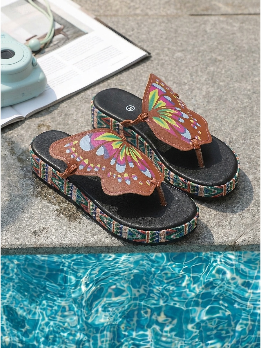 Women's Bohemian Brown Butterfly Wedge Sandals - Comfortable Platform Thong Flip Flops with Colorful Pattern for Luxury Hotel Poolside, Beach Resorts & Summer Vacations 2026 - $26.99 –P3