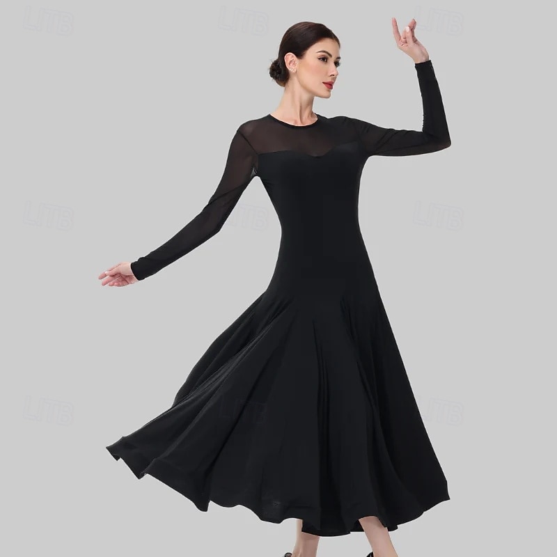Ballroom Dance Dress Rhinestone Pleats Pure Color Women's Party Training Performance Long Sleeve High Spandex Polyester 2026 - $221.19 –P3