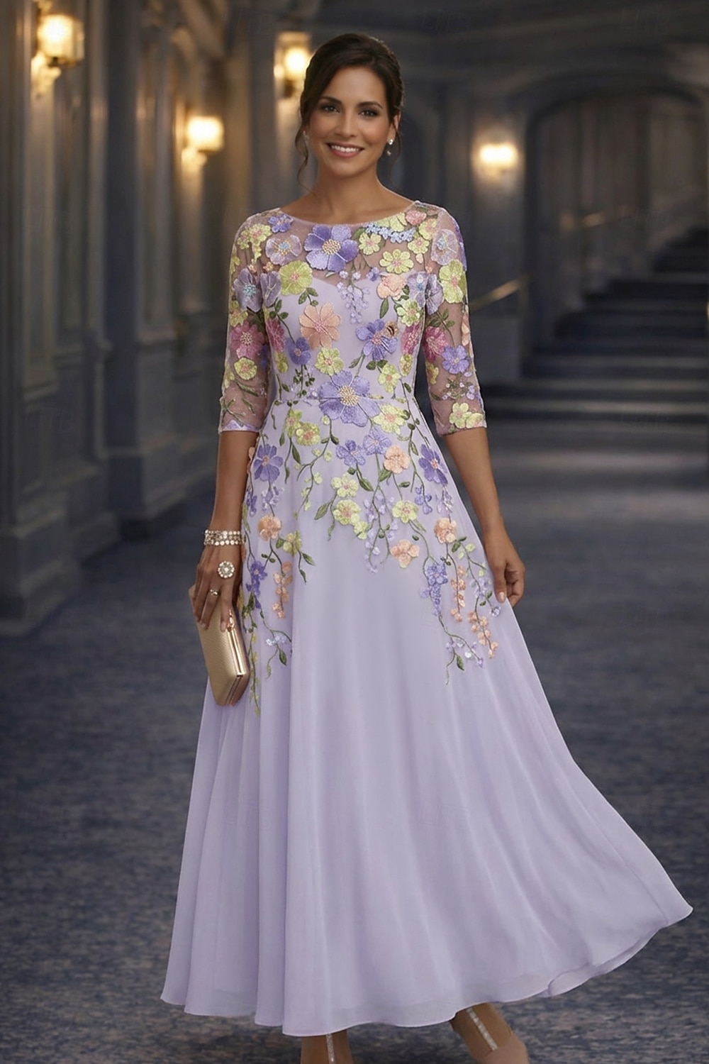 A-Linie Bodenlang Spitzenkleid Brautmutterkleid Langarm Rundhalsausschnitt Illusionsausschnitt Elegant Vintage Formell Hochzeitsgast Hochzeitsfeier Chiffon Spitze mit Blumenmuster 3D-Blumen Stickerei 2026 - $88.99 –P6