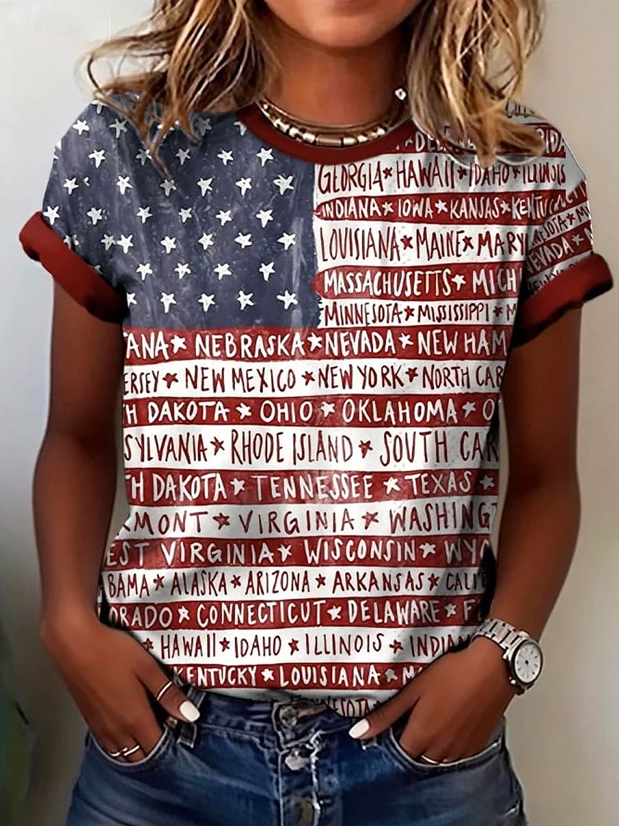 Giorno dell'Indipendenza Americana Per donna Maglietta Stampato Grafico Lettera Bandiera Americana Elegante Classico Casual Manica Corta Girocollo Top Regolari Quotidiano Blu Nero Bianco Rosso Estate del 2026 a $22.99 –P4