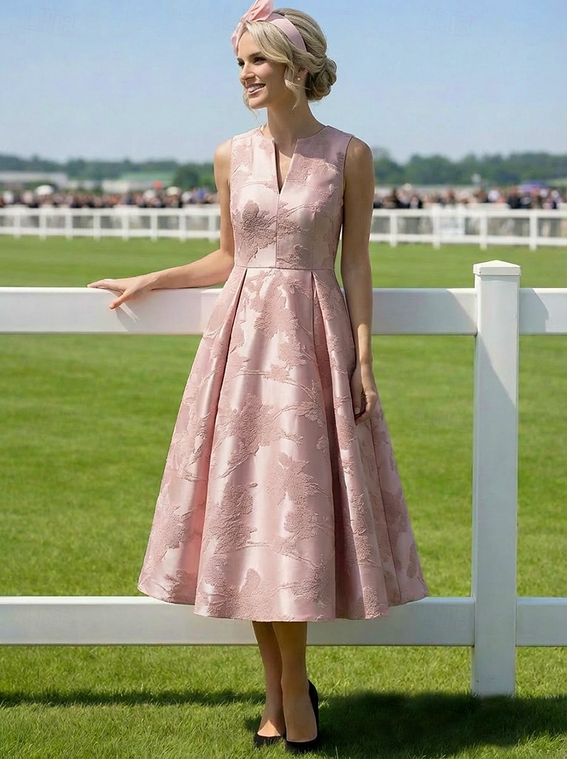 Linea ad A Lunghezza alla caviglia Lunghezza Tè Abito Derby Abito da cerimonia per signora Senza Maniche Scollo a V Elegante Vintage Formale Derby del Kentucky Jacquard con Pieghe del 2026 a $154.79 –P1