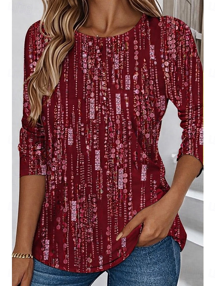 Kvinnors T-shirt Crew Neck Långärmad Tunika Grafisk Geometrisk Abstrakt Elegant Vintage Stilig Regular Topp Daglig Tryck Rosa Blå Lila Grön 2026 - $24.99 –P10