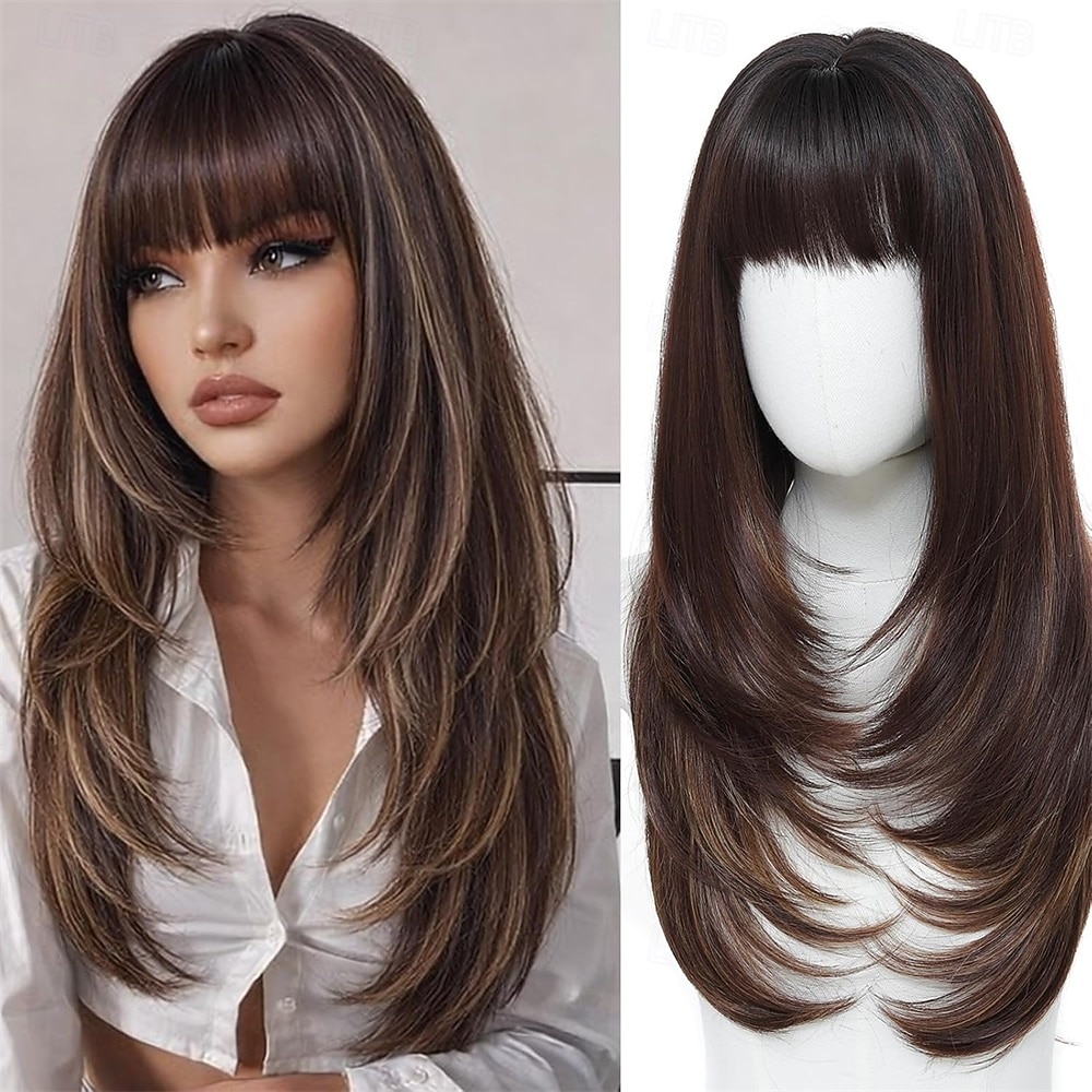 Peruca castanha com mechas e franja para mulheres, peruca castanha longa e ondulada, peruca castanha em camadas de 66 cm (26 polegadas). de 2026 por $32.99 –P1