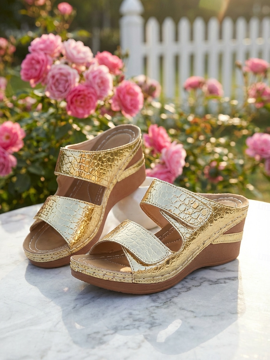 sandali con zeppa dorati da donna – comode scarpe con velcro in rilievo coccodrillo per viaggi, spiaggia e abbigliamento casual del 2026 a $26.99 –P7