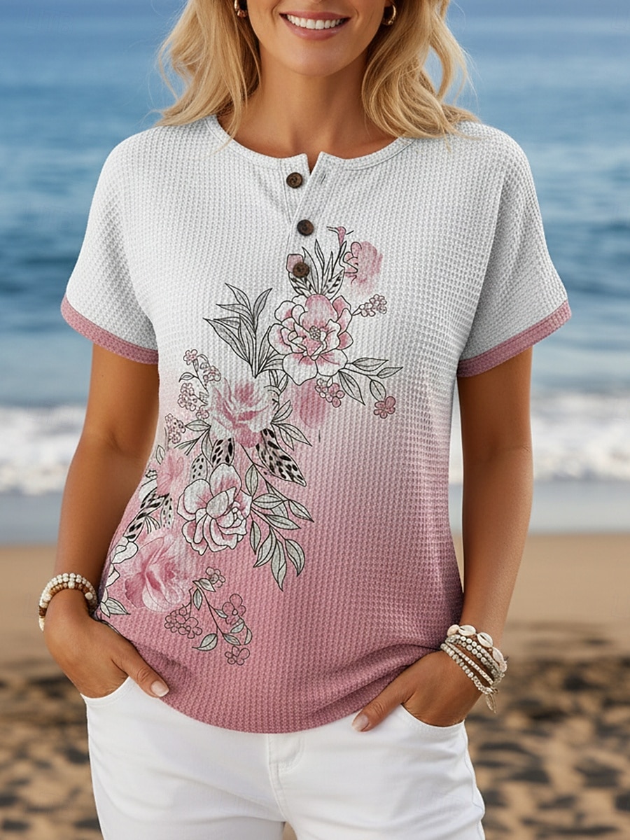 Pentru femei Tricou Imprimeu Nasturi de piept Floral Grafic Stilat Modern Casual Manșon scurt Henley Topuri obișnuite Zilnic Albastru piscină Galben Roz Îmbujorat Mov Trifoi Vară Primăvară 2026 - $17.49 –P1