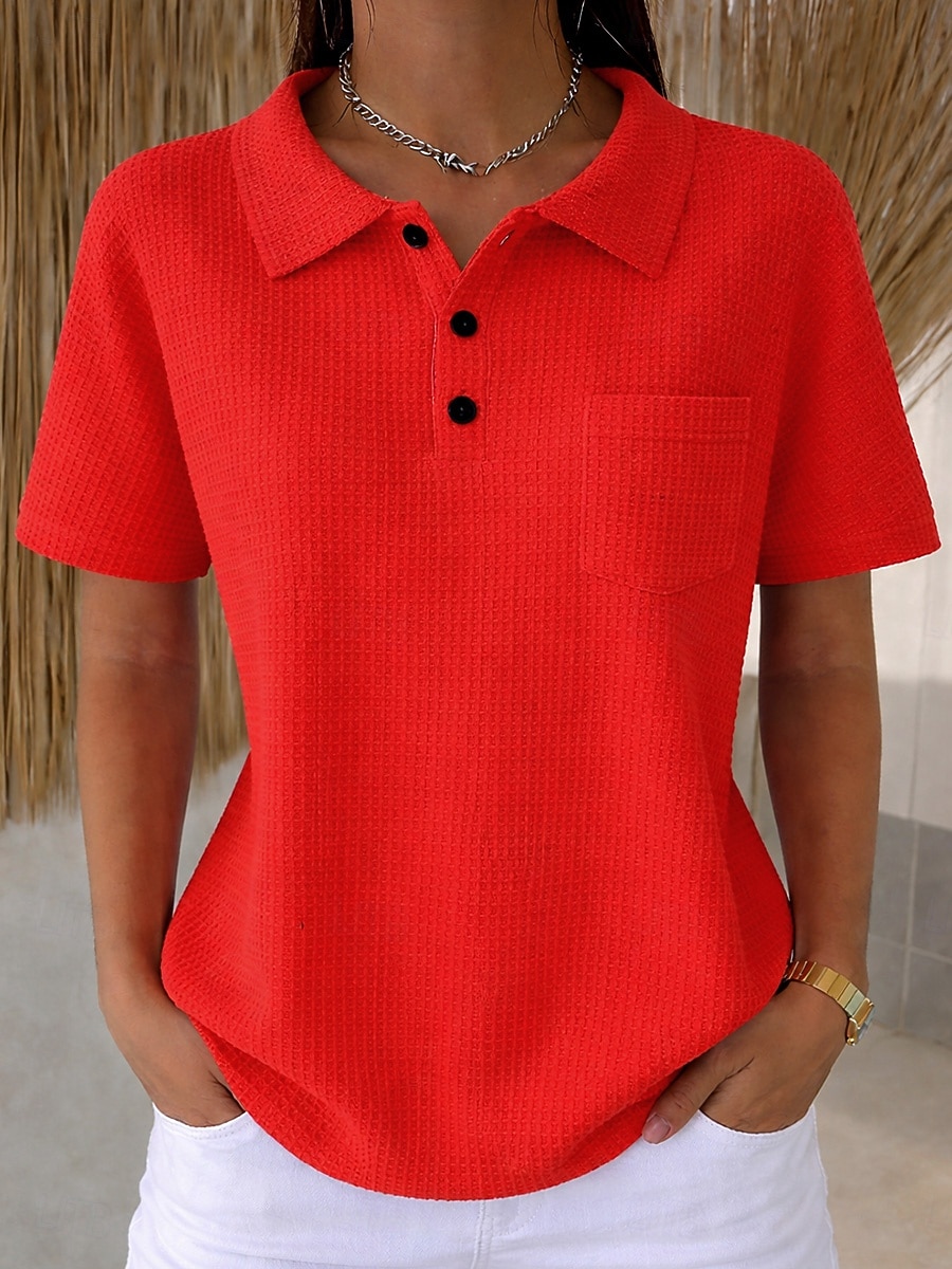 חולצת טוניקה ופל לנשים עם כפתורים חלקה וינטאג' מסוגננת קלאסית קצרה שרוולים צוואר עגול עליוניות ארוכות יומיות כחול ורוד כתום כחול בהיר קיץ אביב 2026 - $31.99 –P12