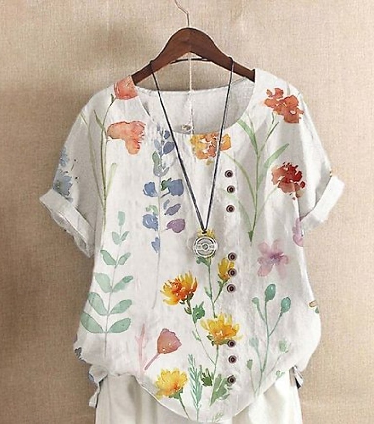 Γυναικεία Πουκάμισο Μπλούζα Λινό από ψεύτικο βαμβάκι Στάμπα Φλοράλ Καθημερινό Αμάνικο Κοντομάνικο Στρογγυλή Ψηλή Λαιμόκοψη Τετράγωνη Λαιμόκοψη Λαιμός σέσουλα Κανονικά μπλουζάκια Καθημερινά Λευκό Μπεζ 2026 - $25.99 –P2